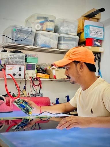 Master technician testing LED TV display panel circuit